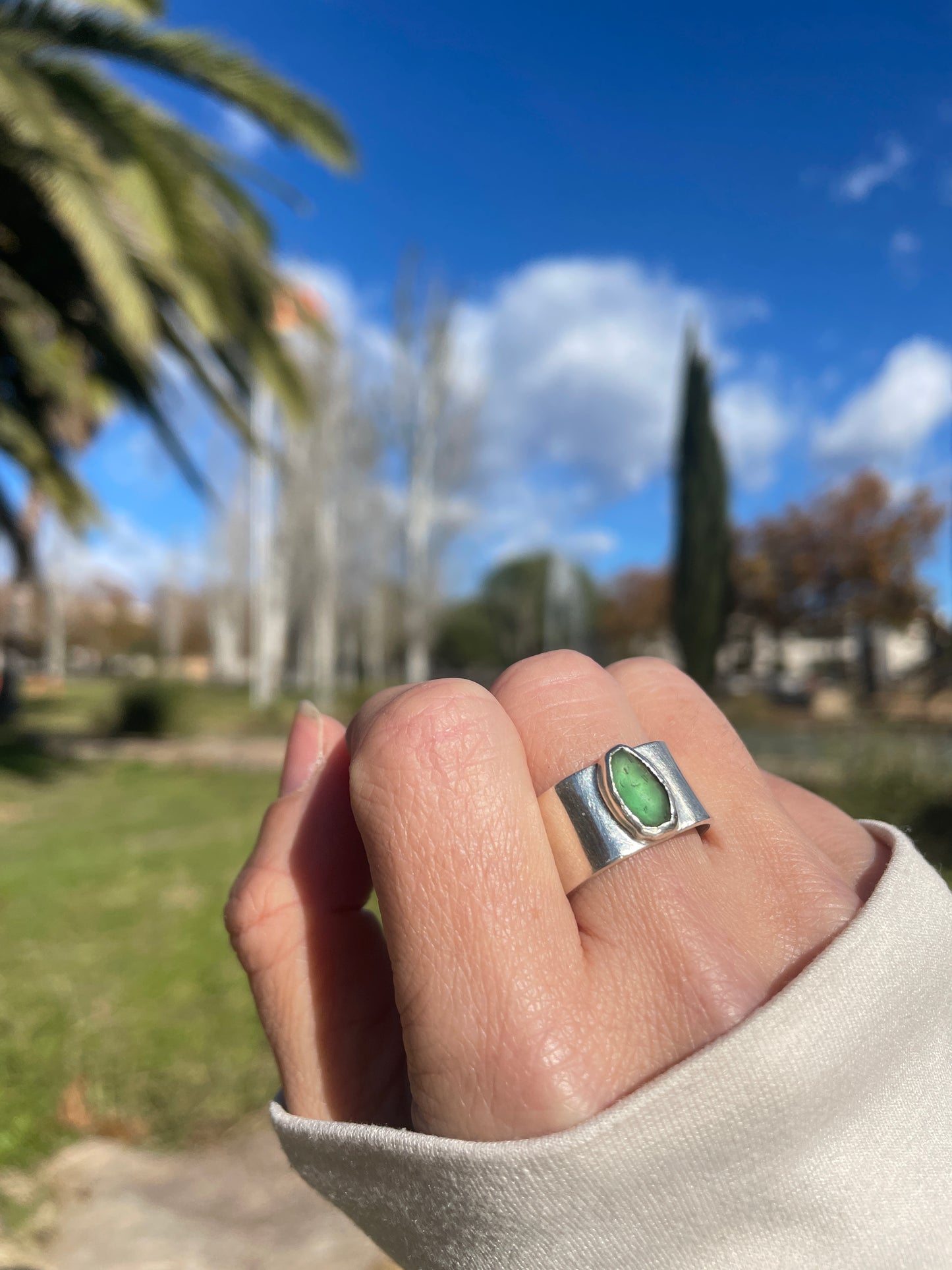 ANILLO VIDRIO MAR COSTA BRAVA Y PLATA 925 EXTRAGRANDE