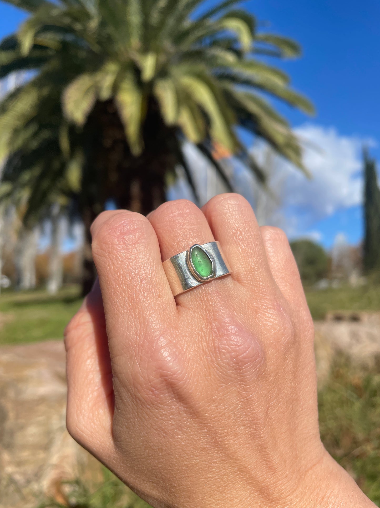 ANILLO VIDRIO MAR COSTA BRAVA Y PLATA 925 EXTRAGRANDE