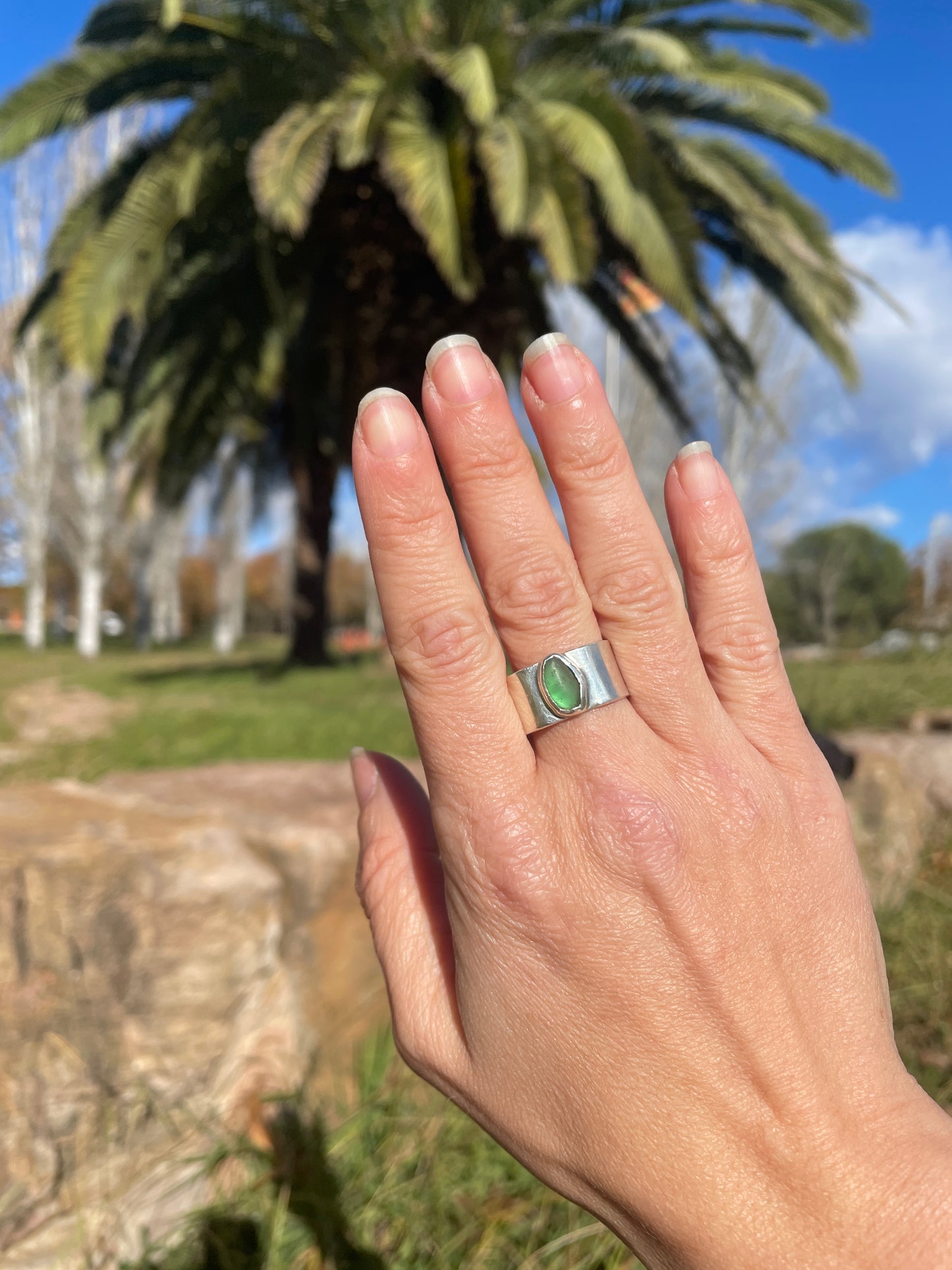 ANILLO VIDRIO MAR COSTA BRAVA Y PLATA 925 EXTRAGRANDE