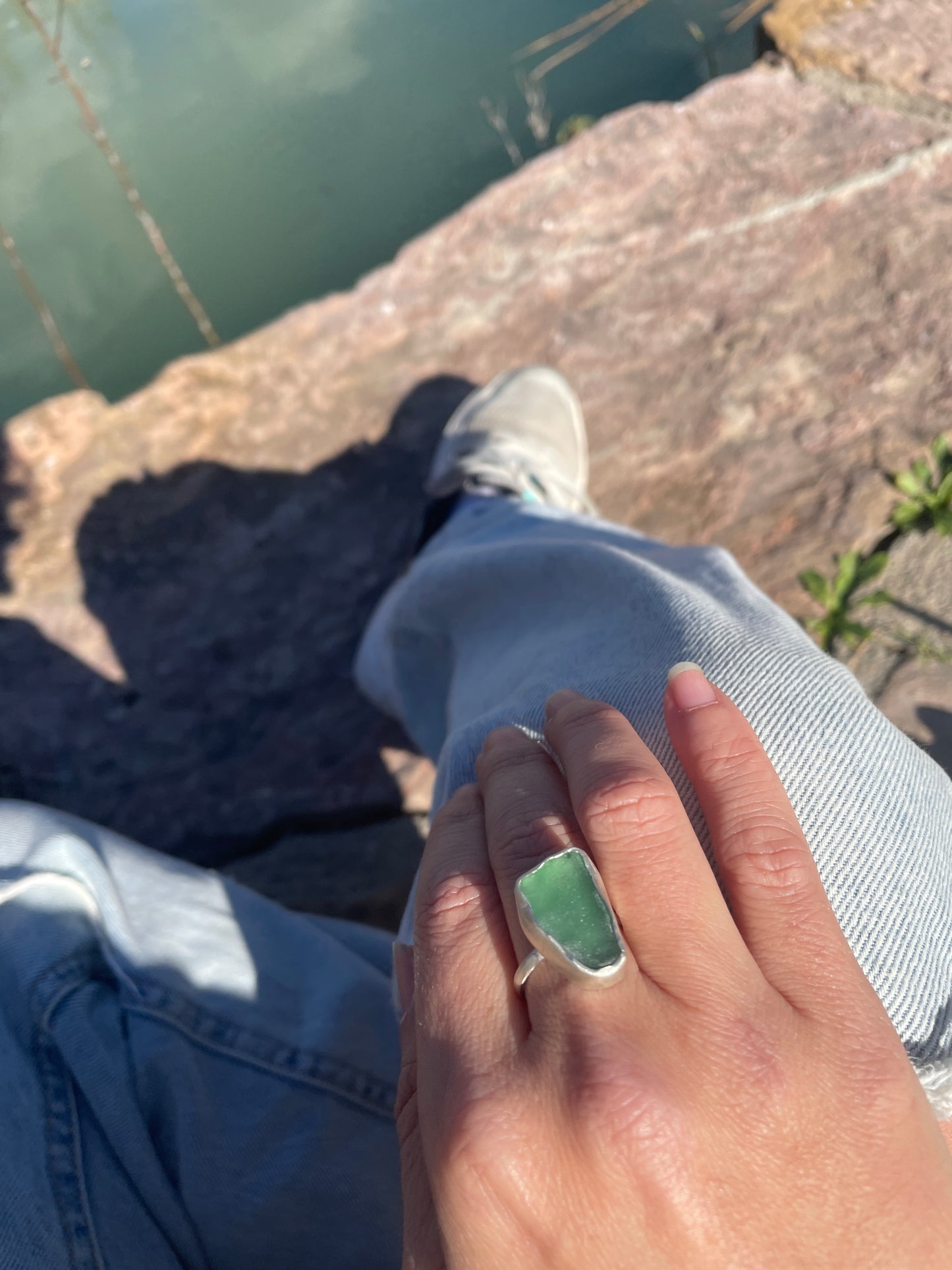 ANILLO VIDRIO DE MAR COSTA BRAVA Y PLATA 925 GRANDE